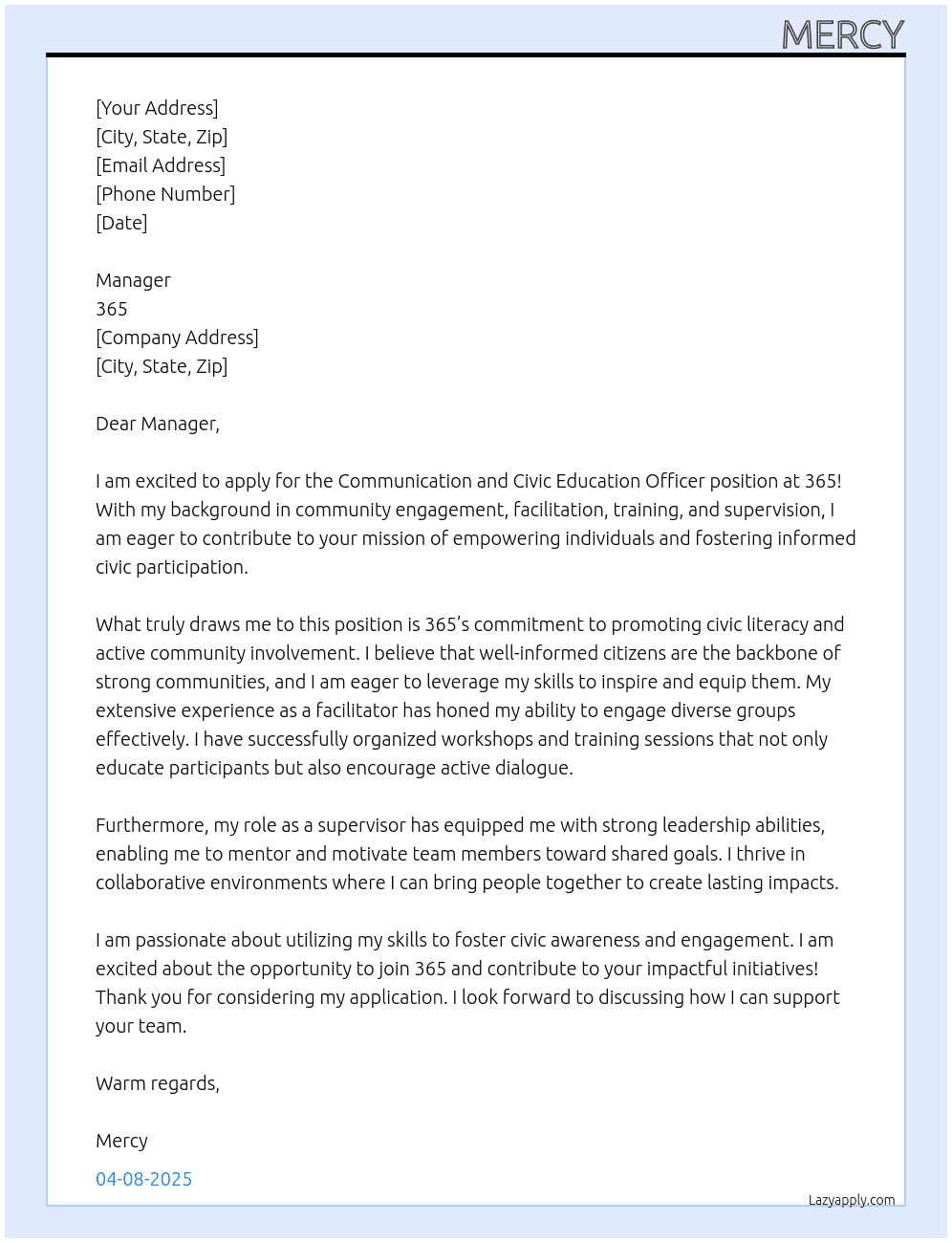 Communication and Civic education officer  At 365 Cover Letter