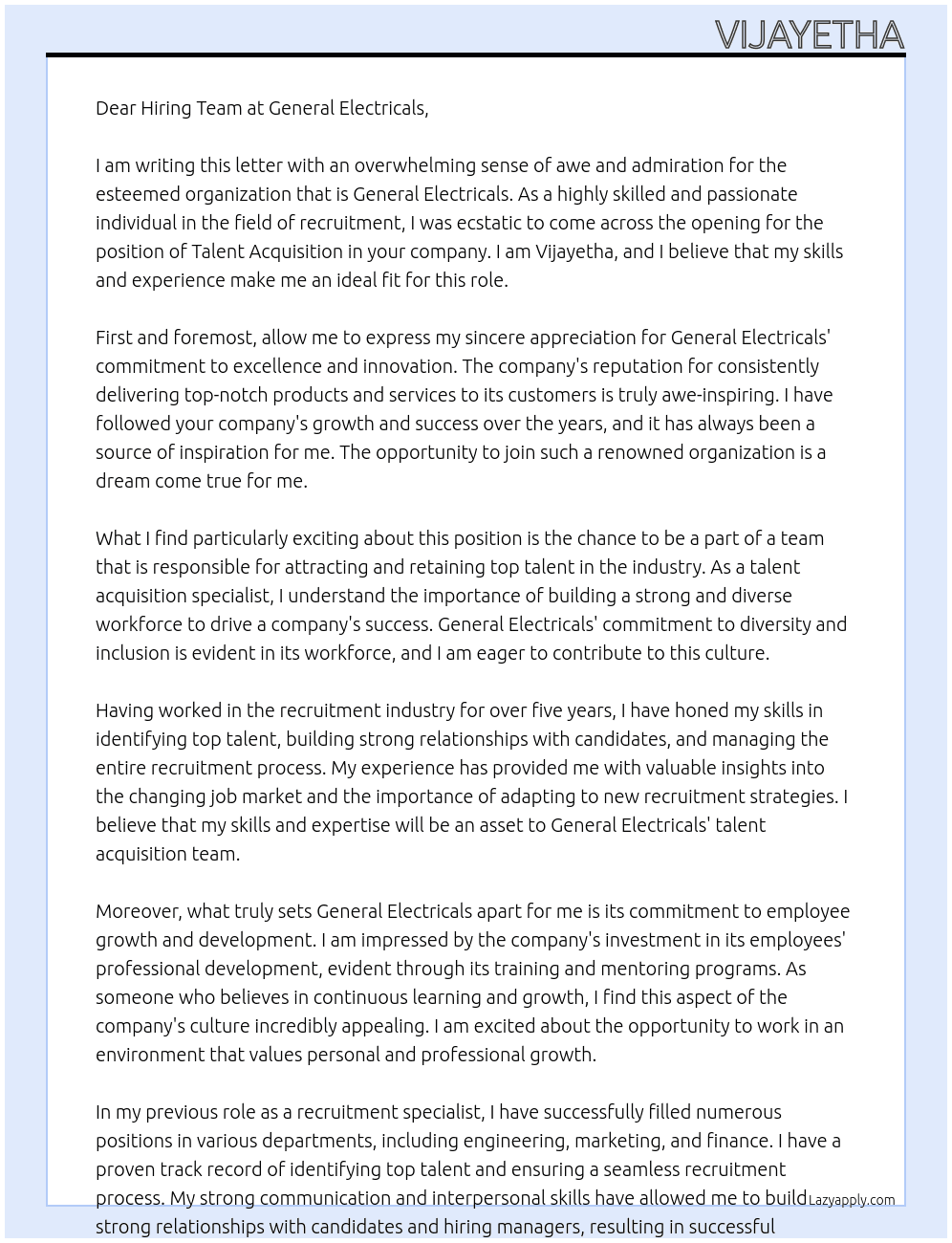 Talent Acquisition  At General Electricals Cover Letter