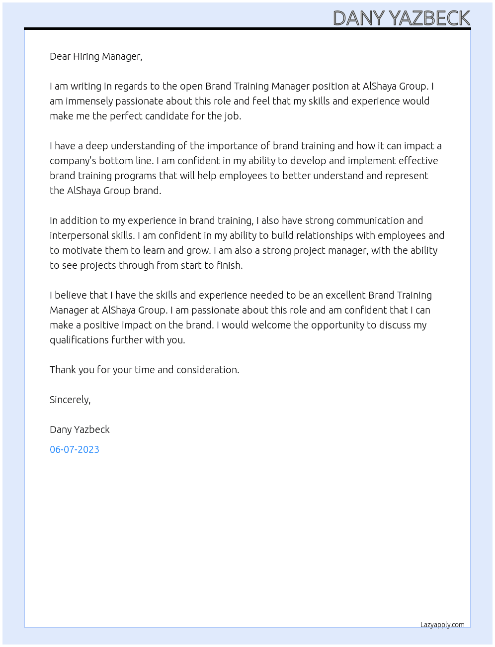 Brand Training manager At AlShaya Group Cover Letter