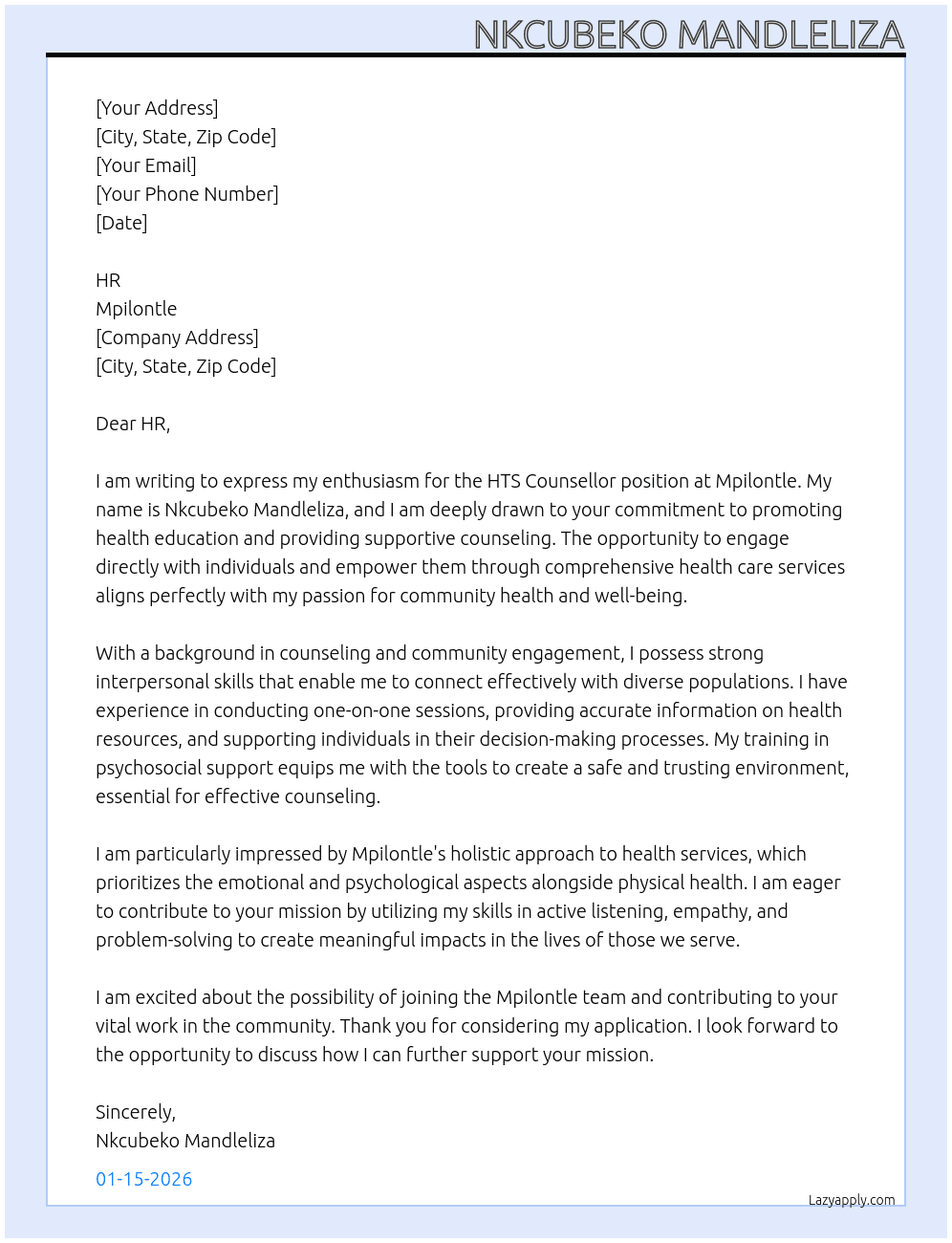 HTS COUNSELLOR At Mpilontle Cover Letter