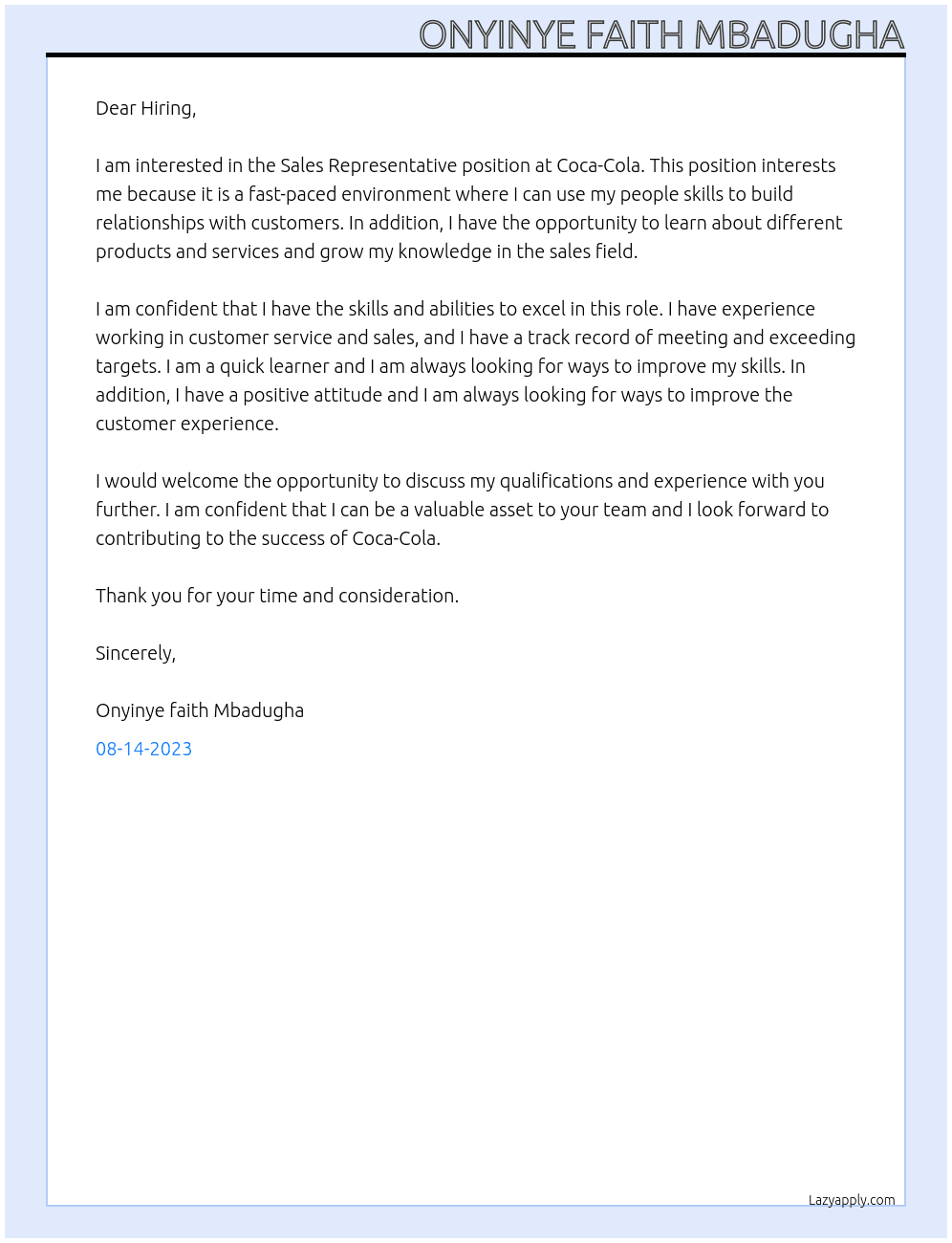 Sales Representative  At Coco cola Cover Letter