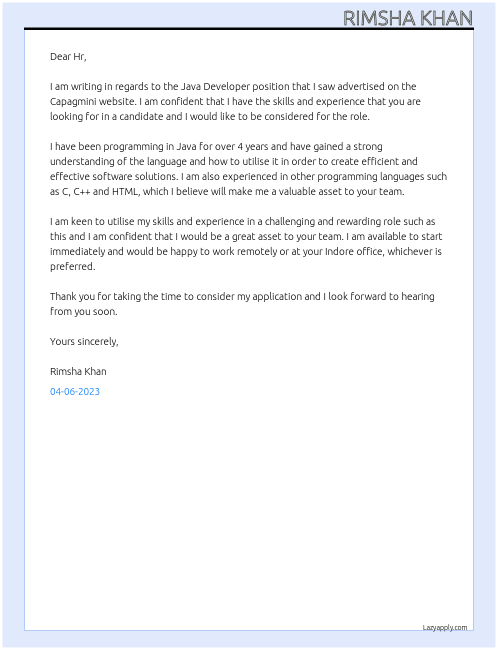 Java Developer  At Capagmini Cover Letter