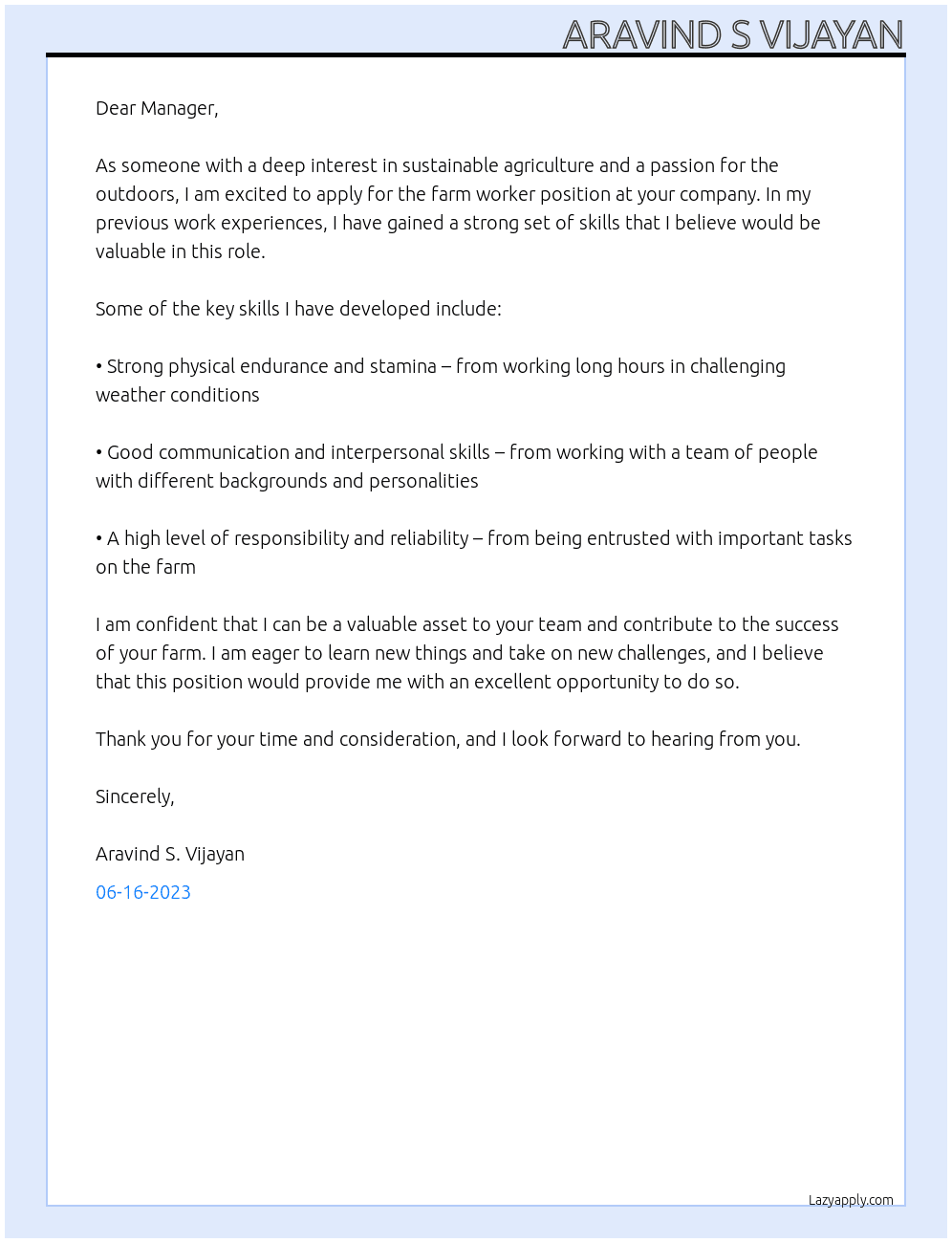 Farm worker At Farm job Cover Letter