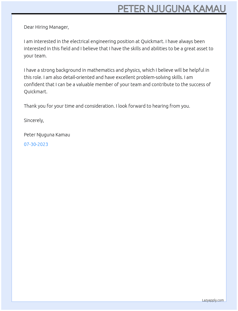 Electrical engineering At Quickmart  Cover Letter