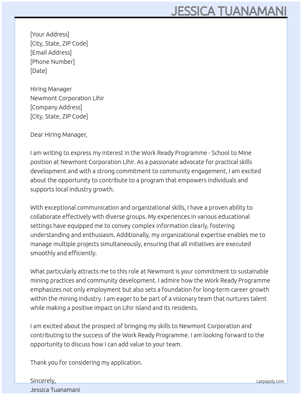 Work Ready Programme - School to Mine At Newmont Coorporation Lihir Cover Letter