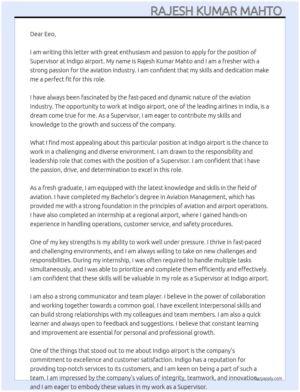 Supervisor At Indigo airport Cover Letter