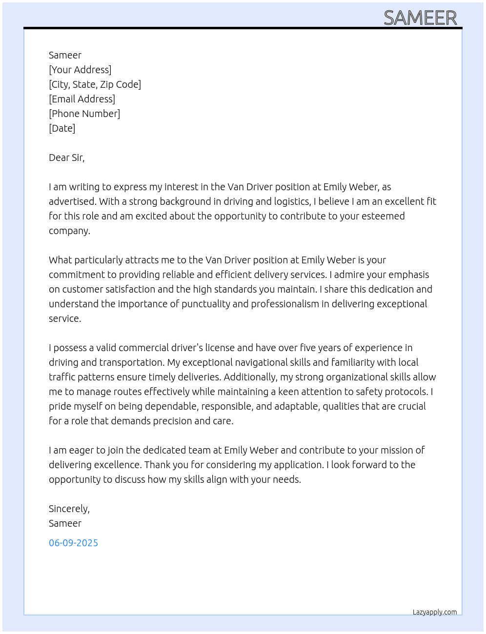 Cover letter for van driver - LazyApply