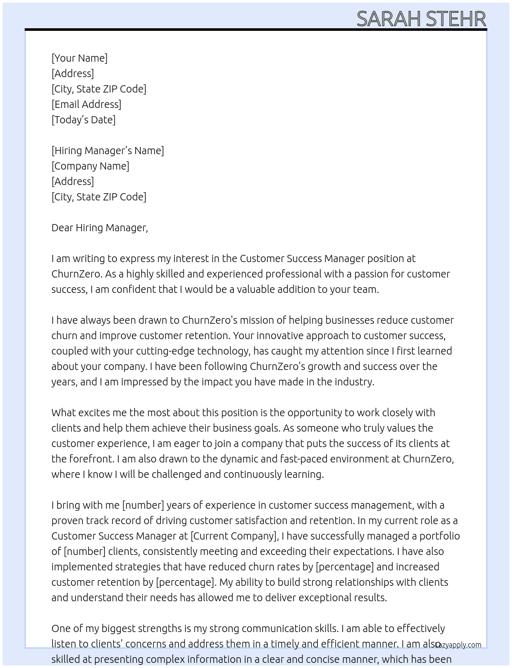 Customer Success Manager At ChurnZero Cover Letter