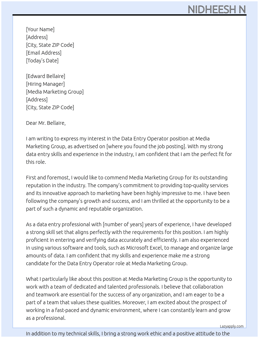 Data Entry Operator At Media Marketing Group Cover Letter