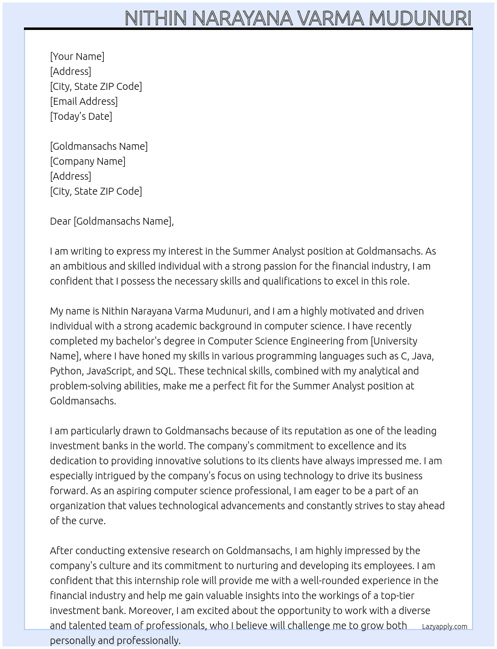Summer Analyst  At Goldmansachs Cover Letter