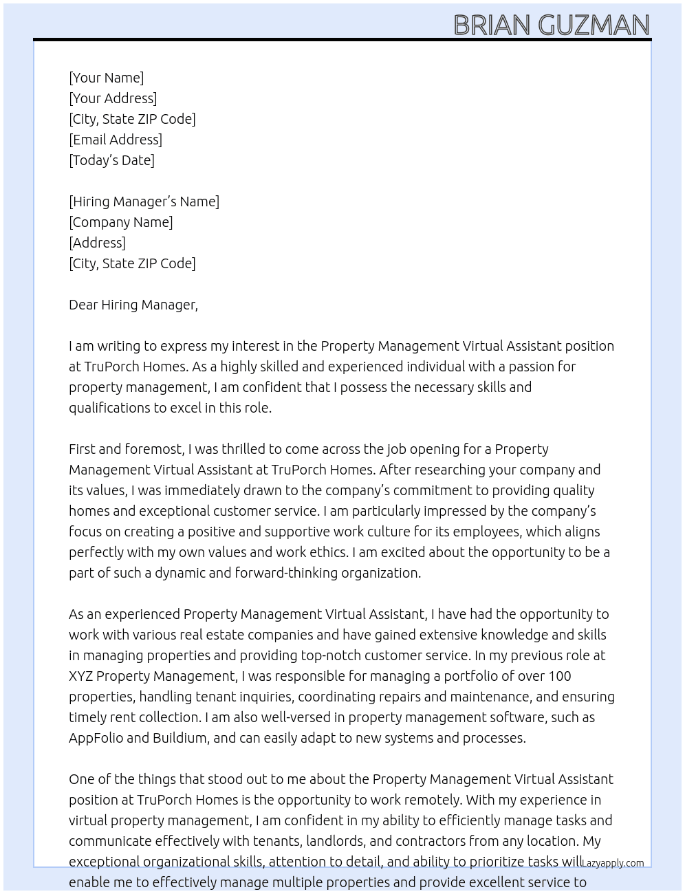 Property Management Virtual Assistant At TruPorch Homes Cover Letter