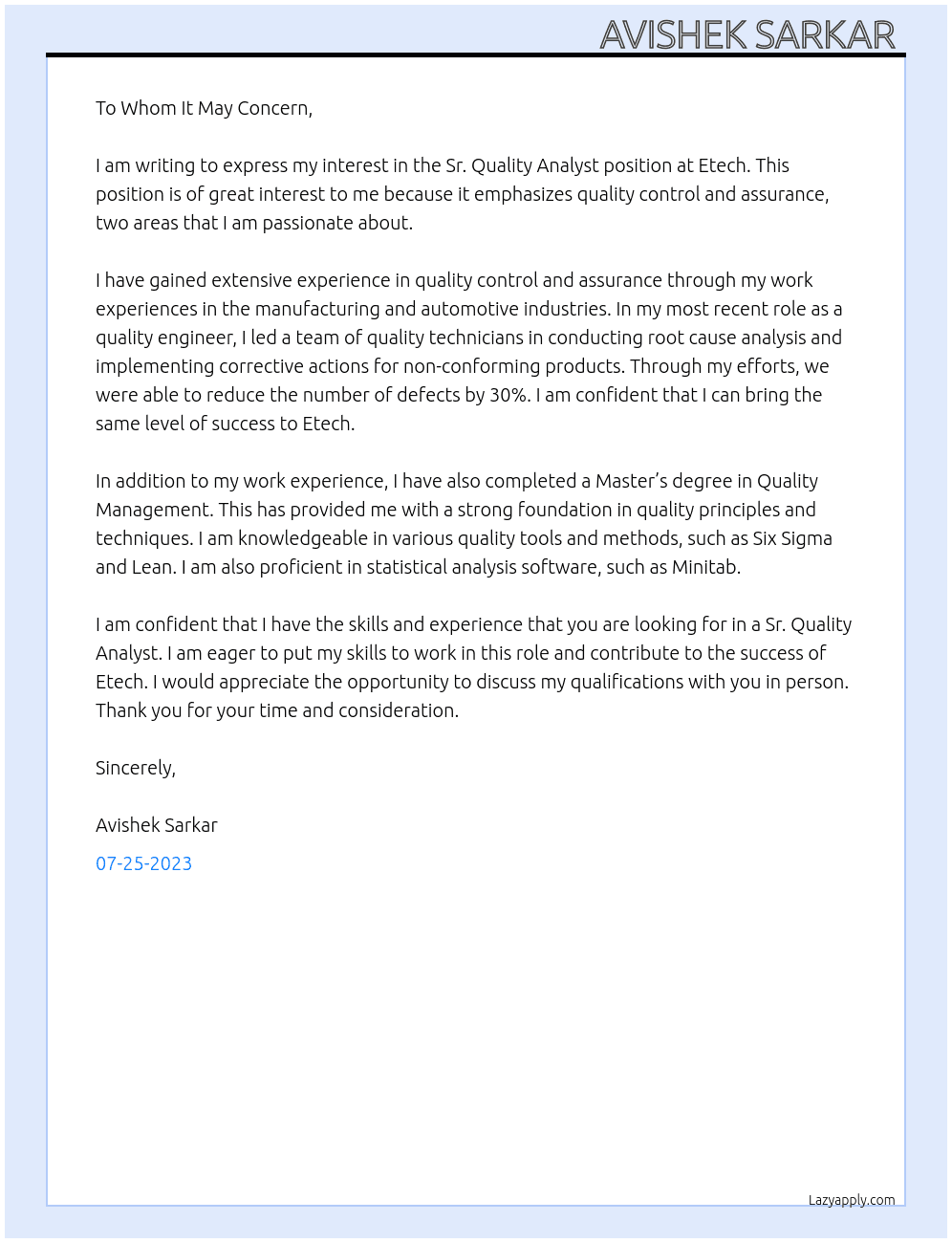Sr. Quality Analyst  At Etech Cover Letter