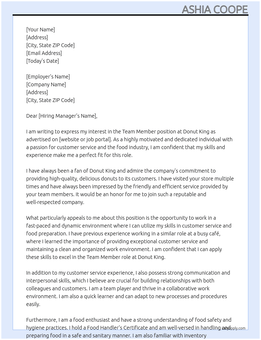 Team Member At Donut King Cover Letter