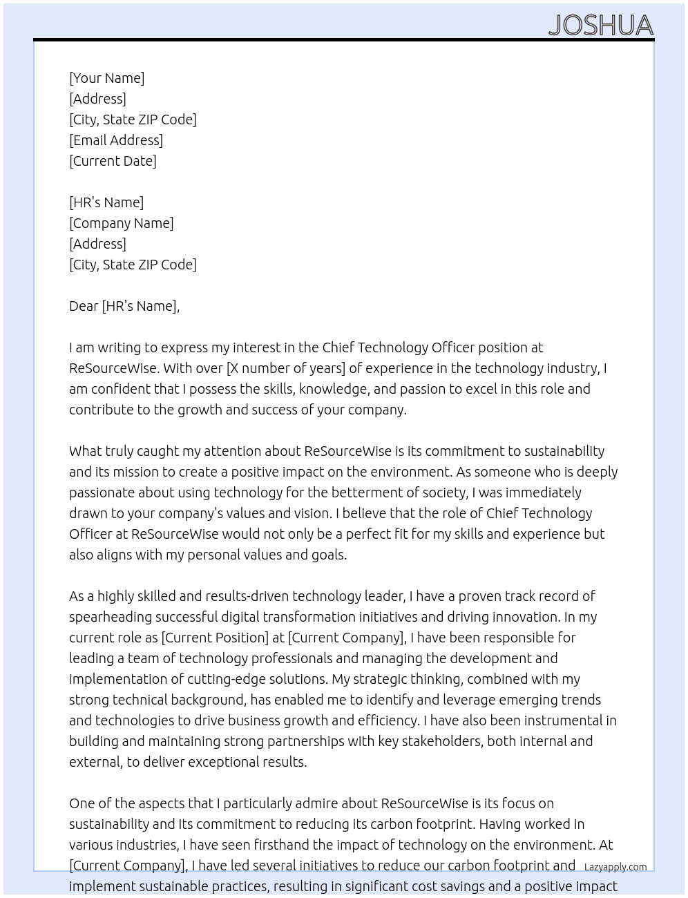 Chief Technology Officer At ReSourceWise Cover Letter