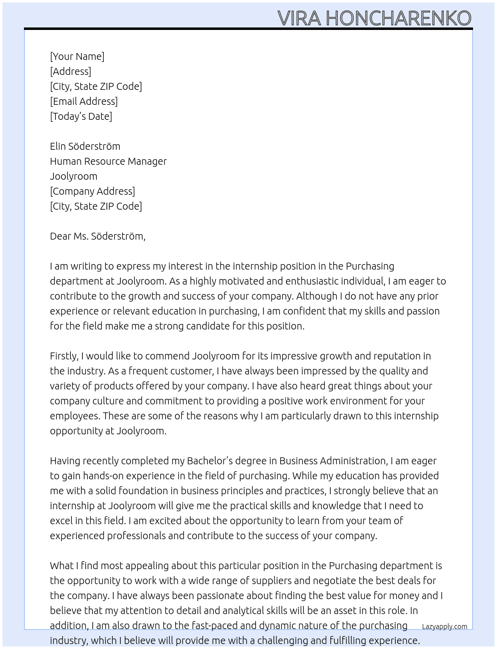 Internship Purchasing department with no experience nor relevant education At Joolyroom Cover Letter