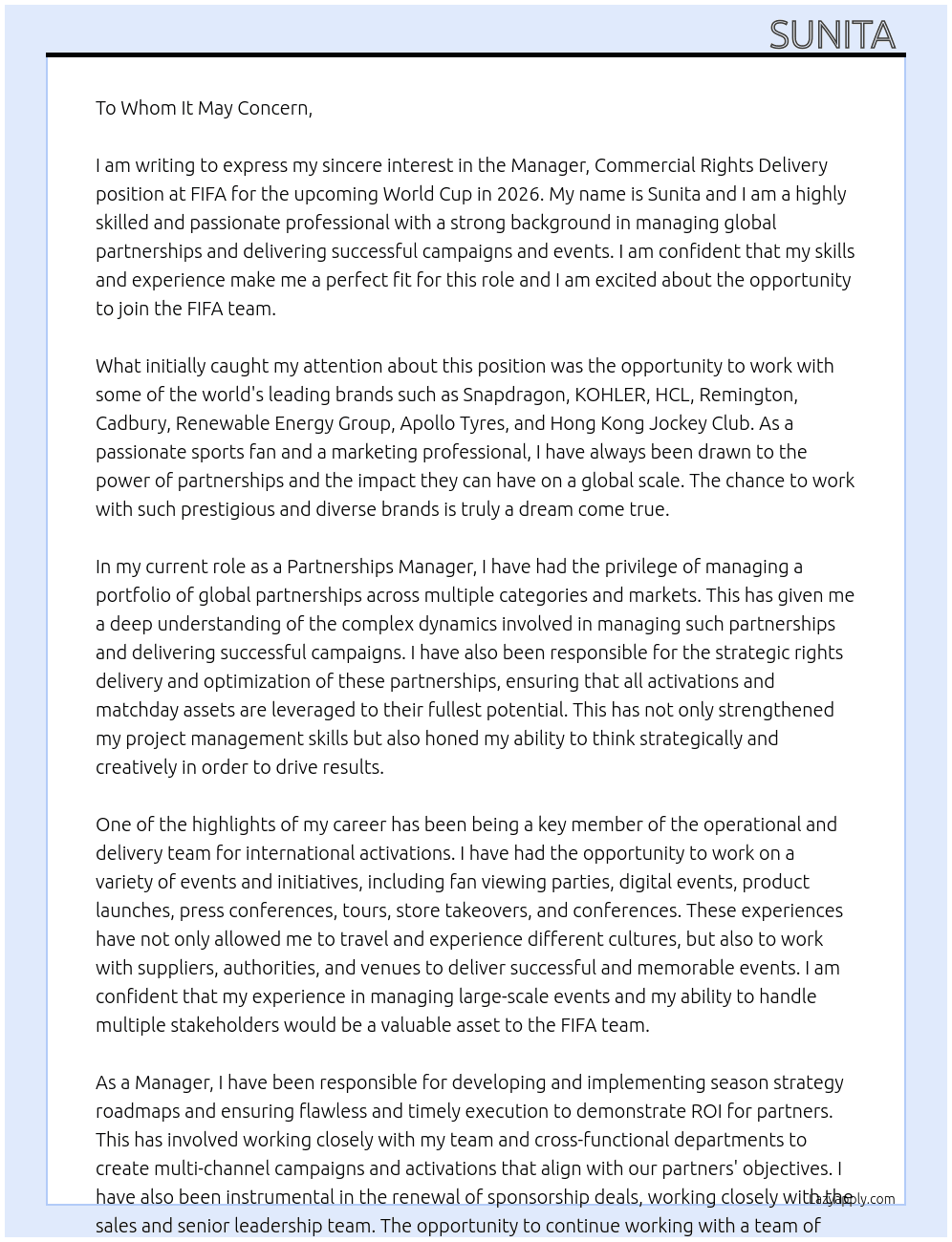 Manager, Commercial Rights Delivery, FIFA World Cup 2026 At FIFA  Cover Letter