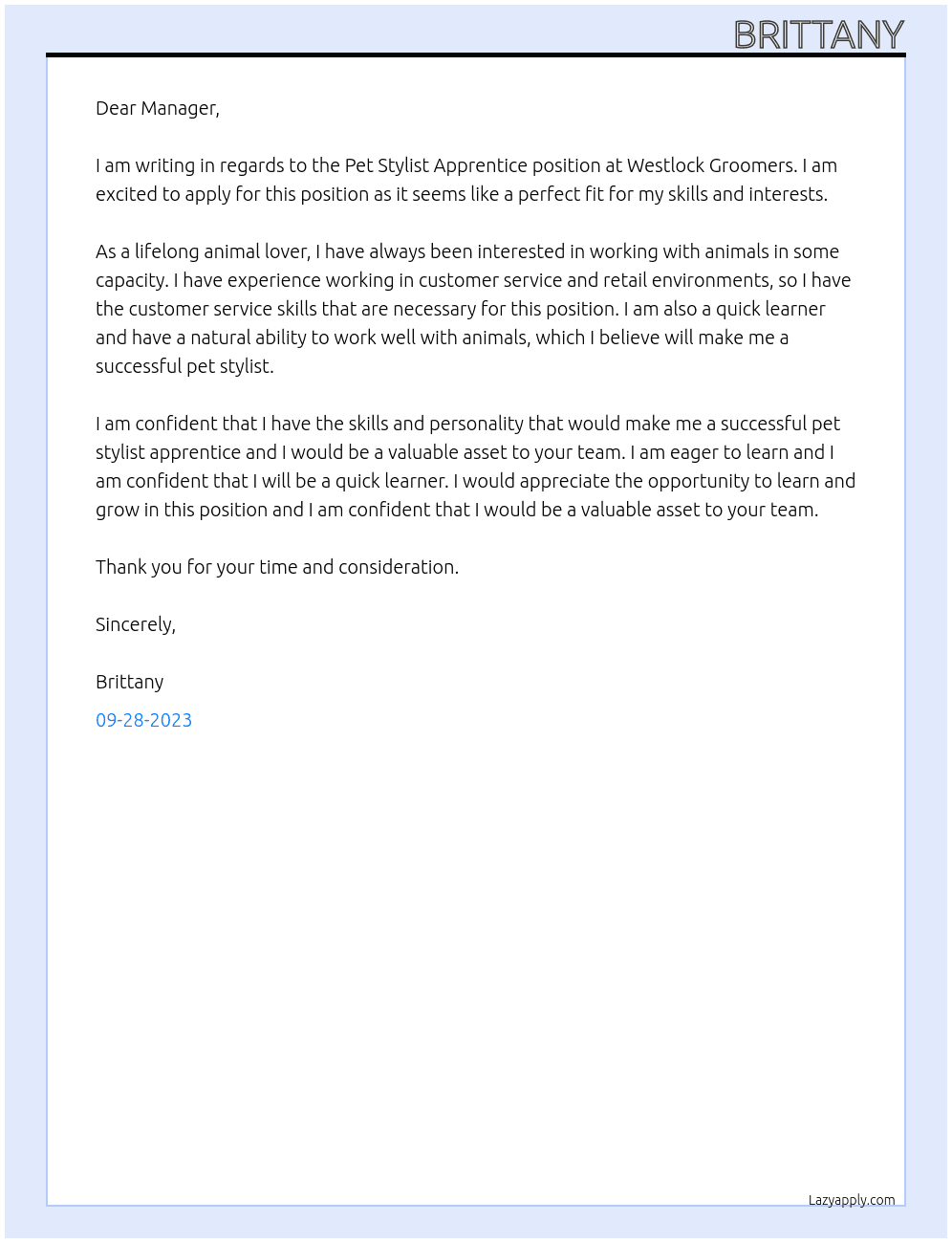 Pet Stylist Apprentice At Westlock Groomers Cover Letter