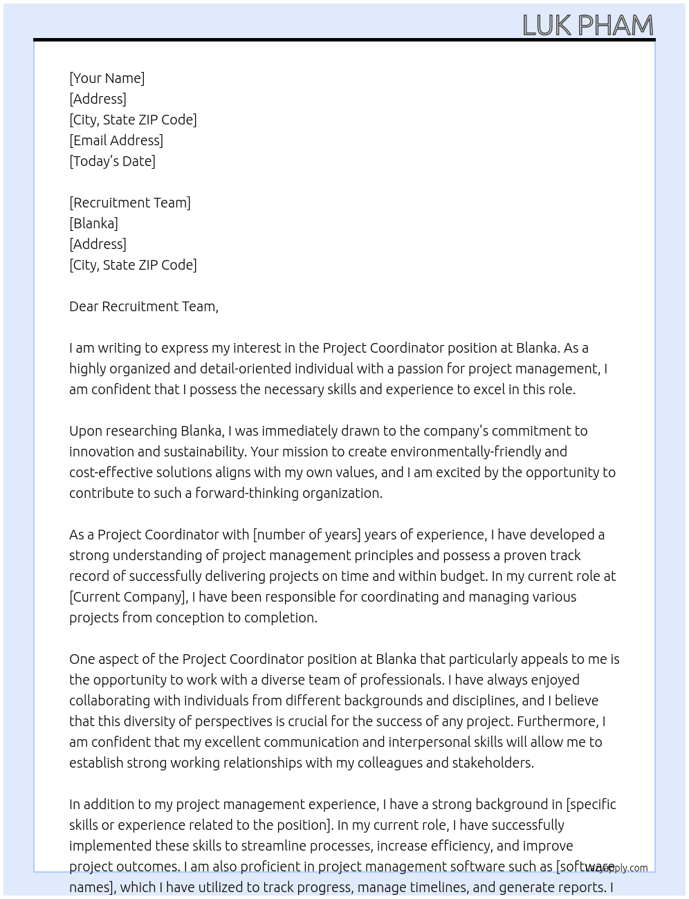 Project Coordinator At Blanka Cover Letter