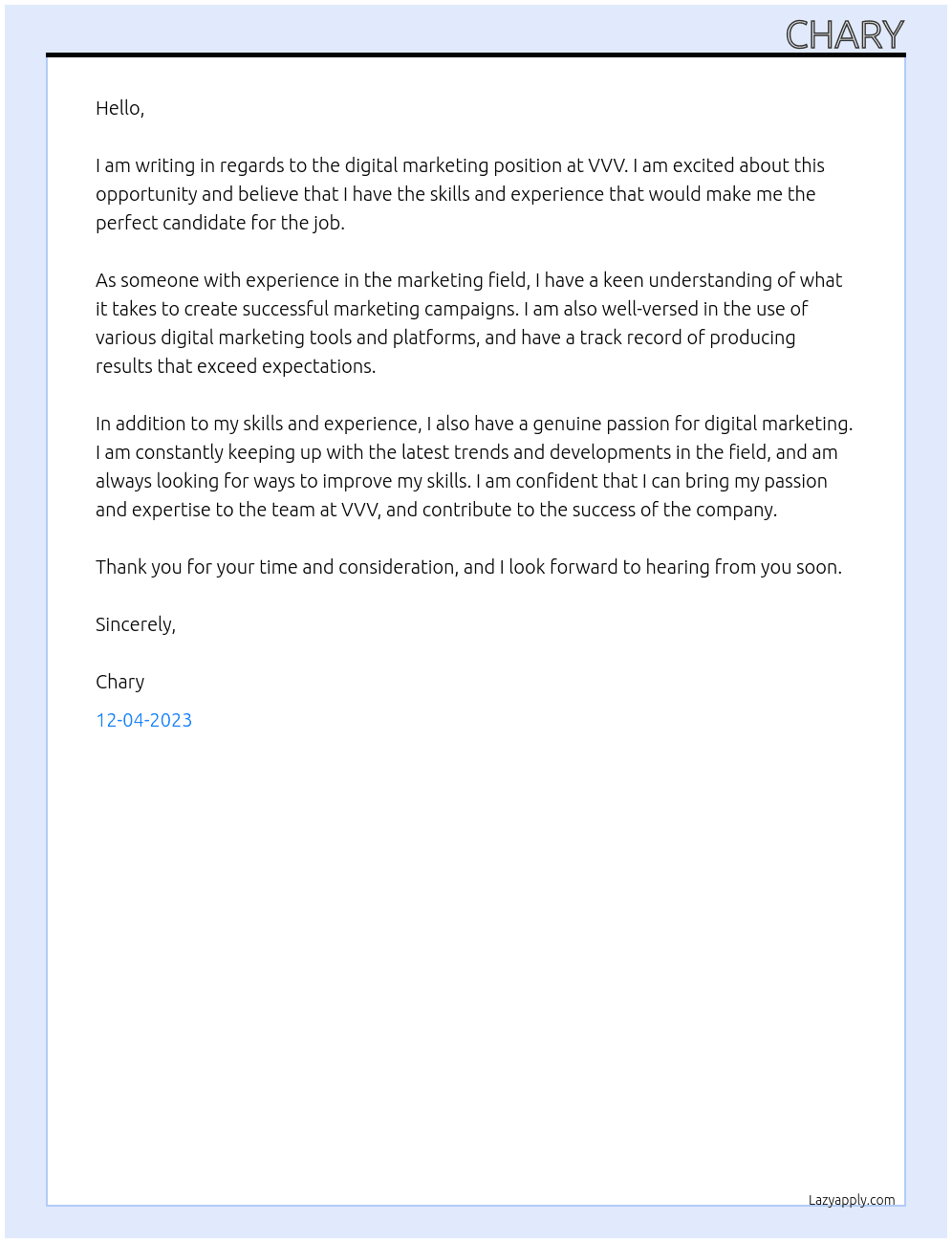 digital marketing At vvv Cover Letter