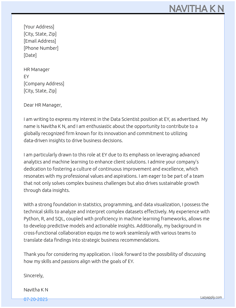 Cover letter for data sciensit - LazyApply