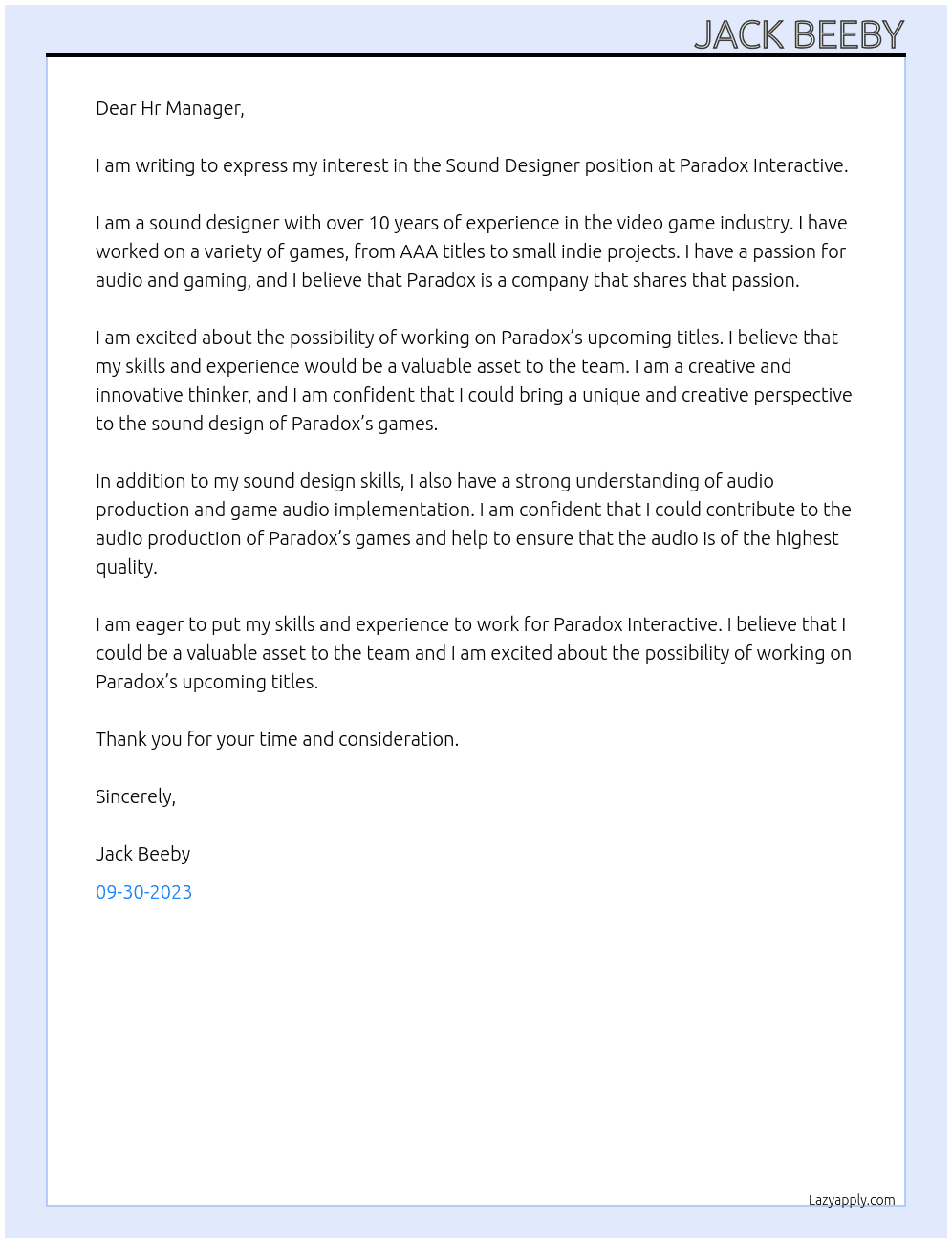 Sound Designer At Paradox Interactive Cover Letter