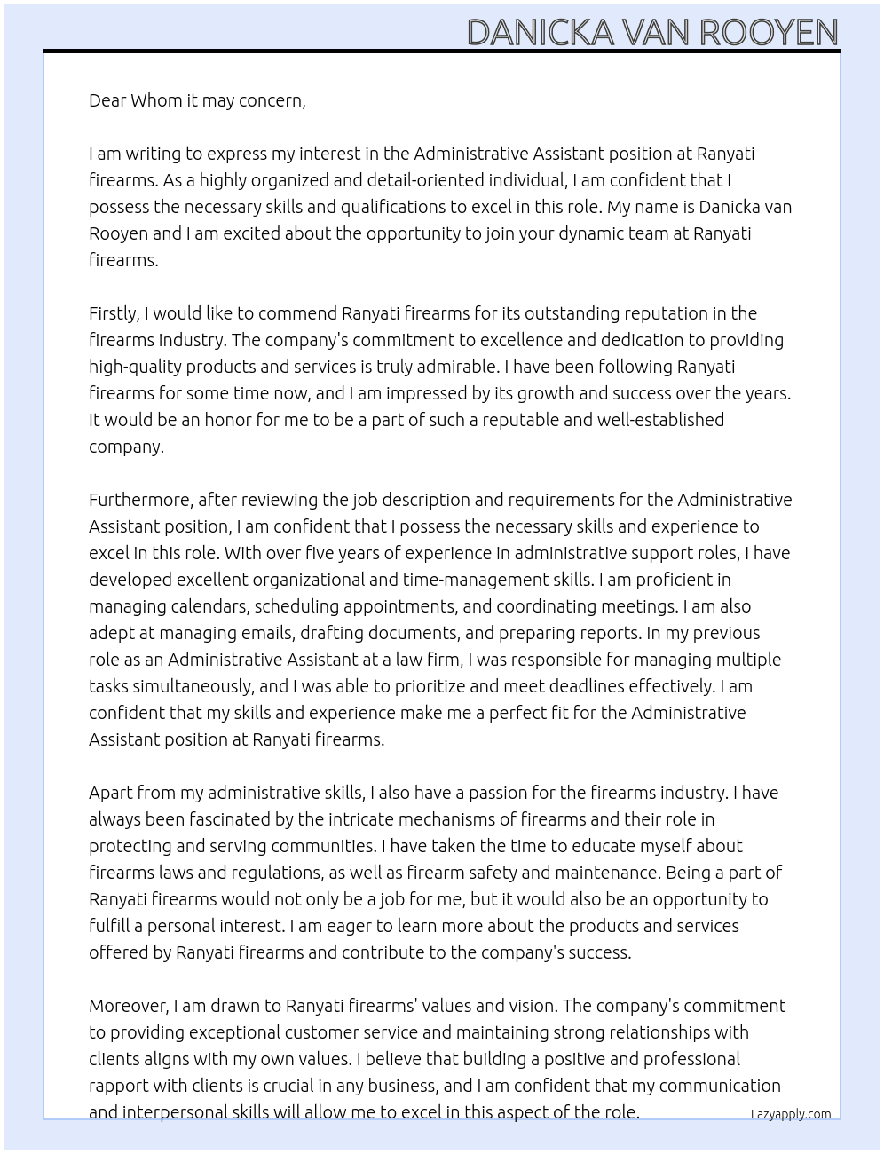 Administrative assistant  At Ranyati firearms Cover Letter