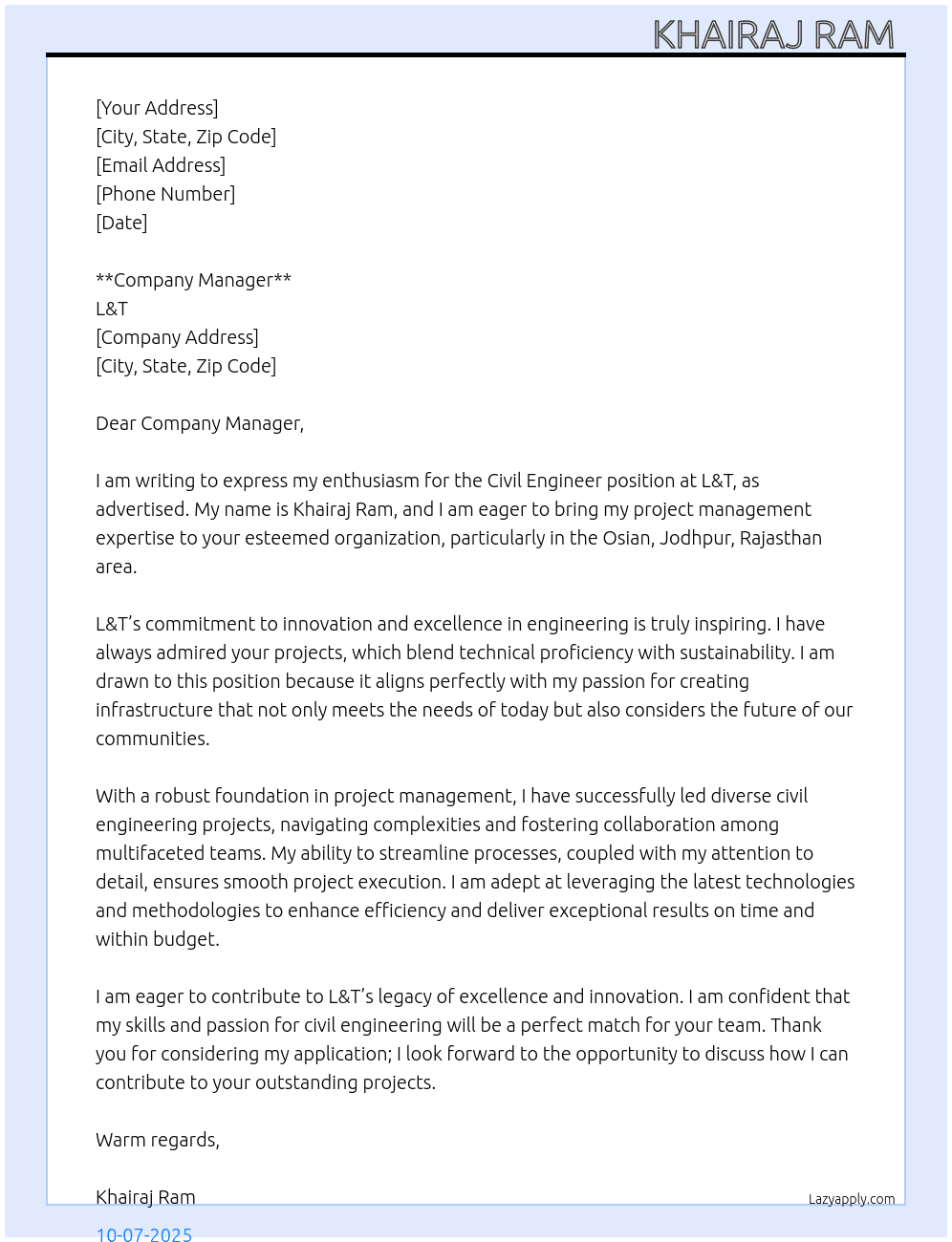 Civil engineer  At L&T Cover Letter