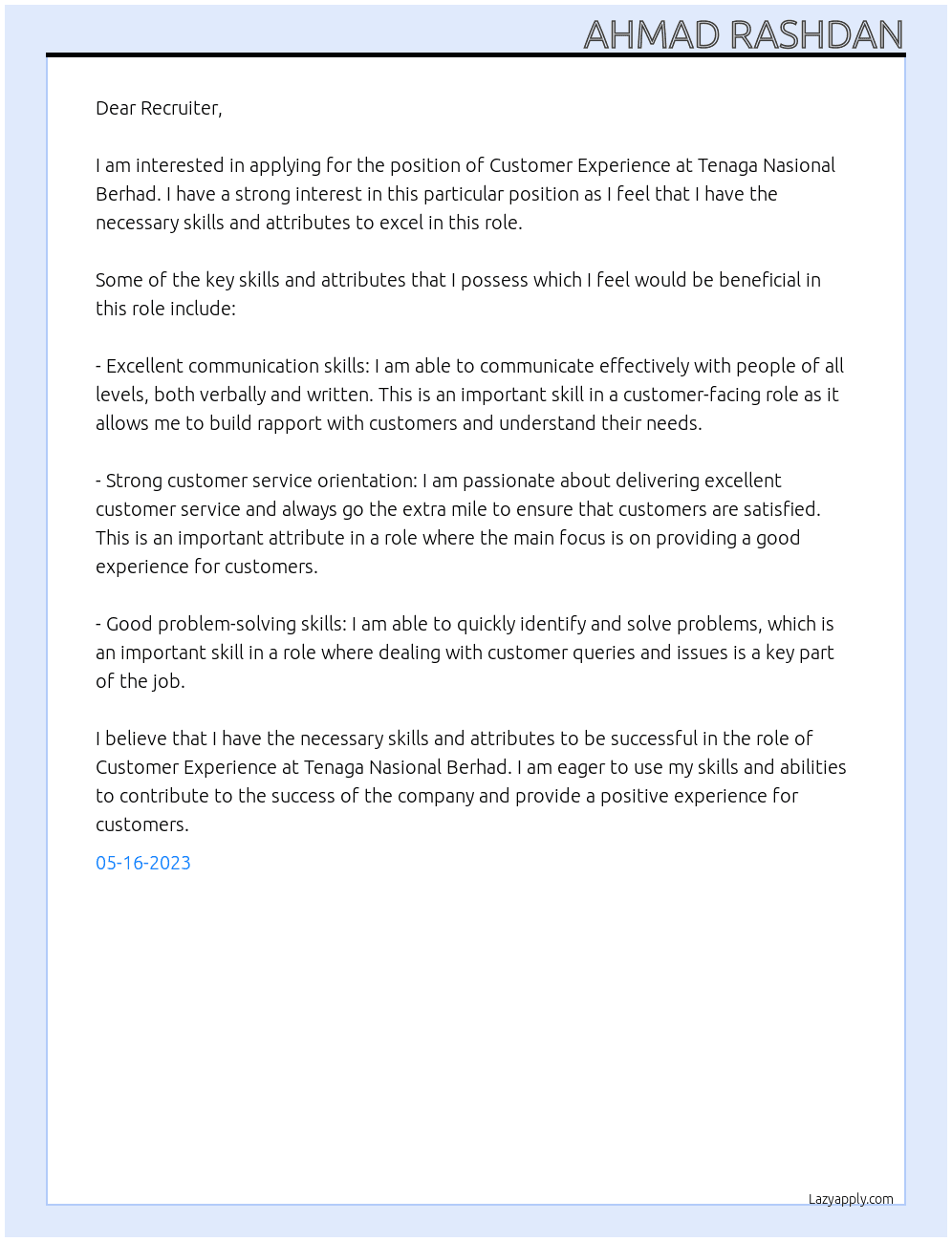 Customer Experience At Tenaga Nasional Berhad Cover Letter