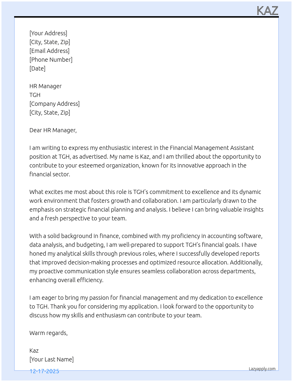 FINANCIAL MANAGEMENT ASSISTANT At TGH Cover Letter