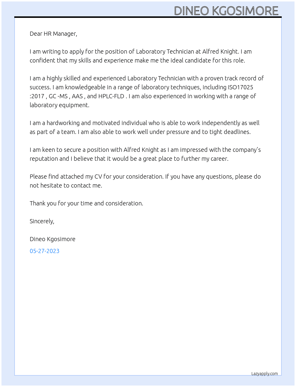 Laboratory Technician  At Alfred Knight  Cover Letter