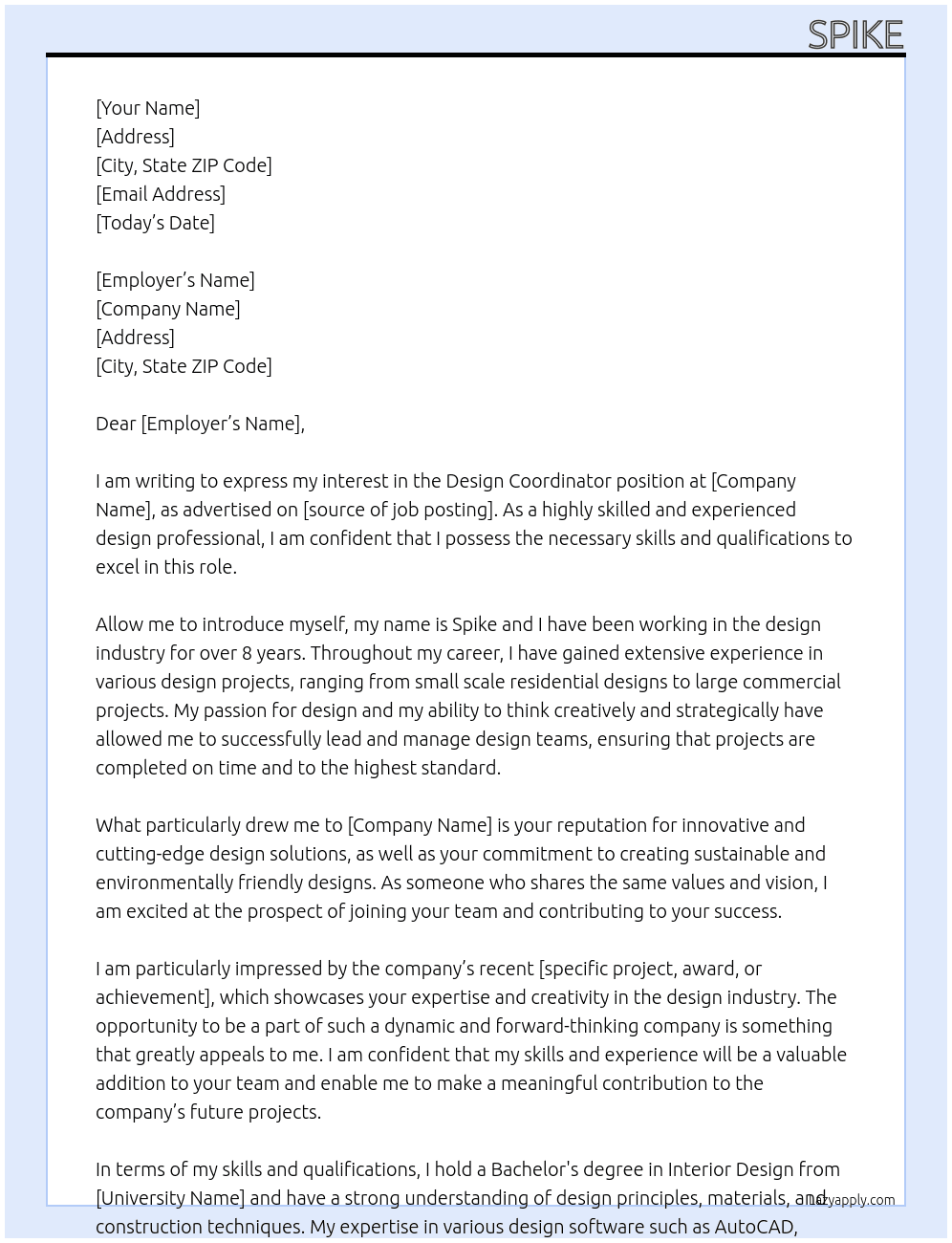 design coordinator At vvvv Cover Letter