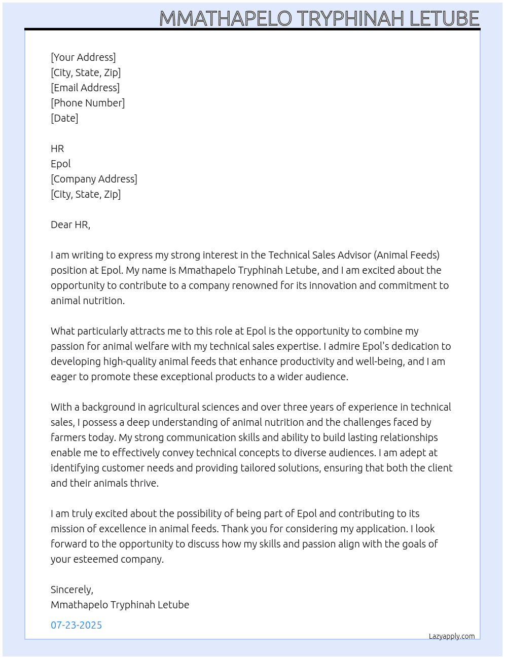 Technical Sales Advisor (Animal Feeds) At Epol  Cover Letter