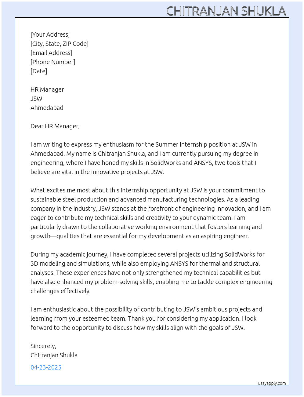Summer Internship At JSW Cover Letter