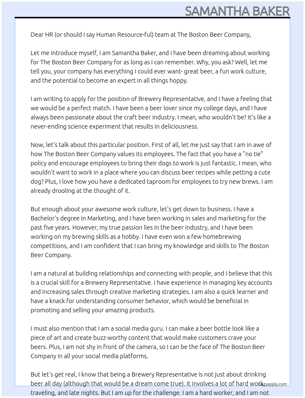 Cover letter for brewery representative - LazyApply