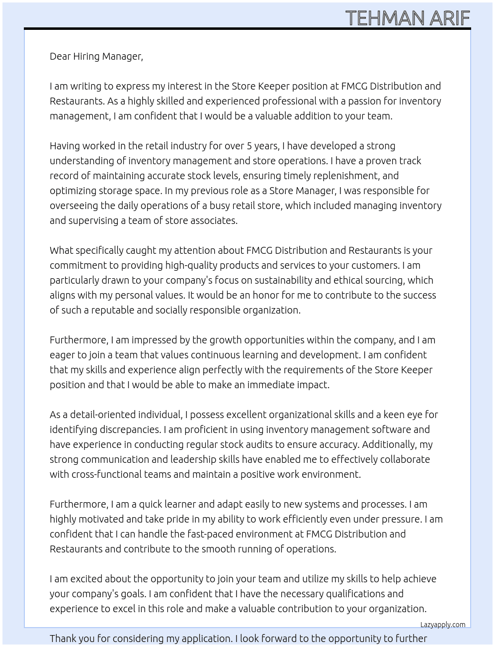 Store Keeper At FMCG Distribution and Restaurants Cover Letter
