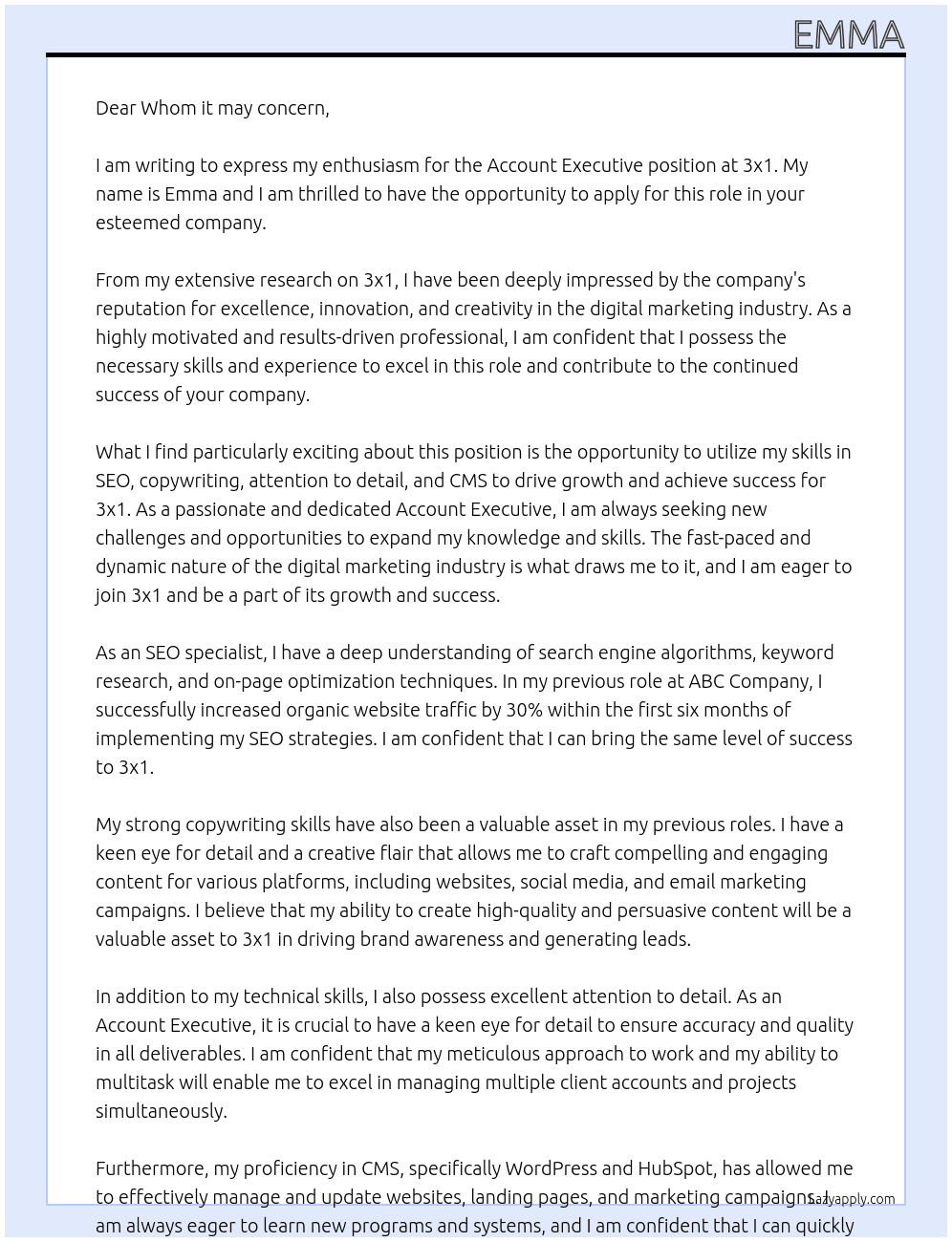 account executive At 3x1 Cover Letter