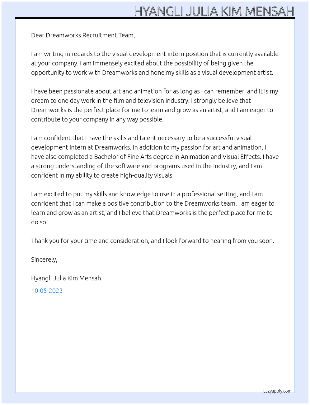 visual develpment intern At Dreamworks Cover Letter