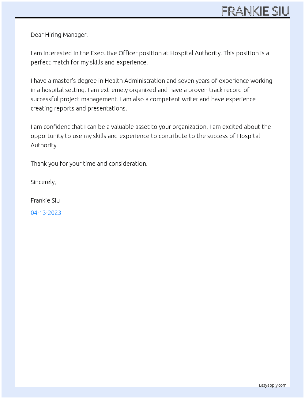 Executive officer At Hospital Authoroty Cover Letter