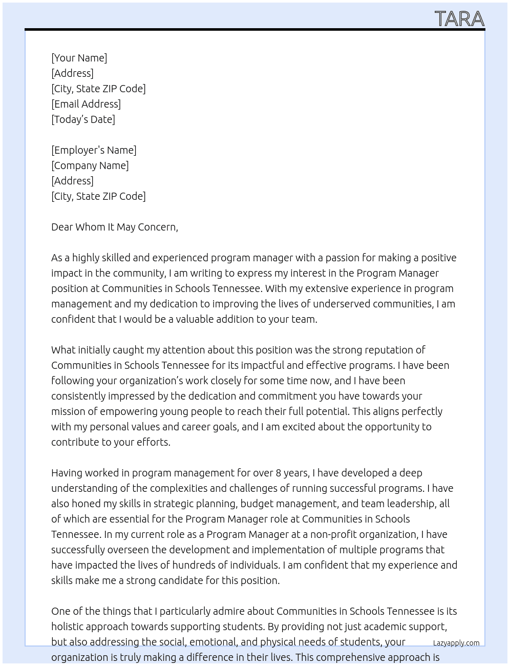 Program Manager At Communities in Schools Tennessee Cover Letter