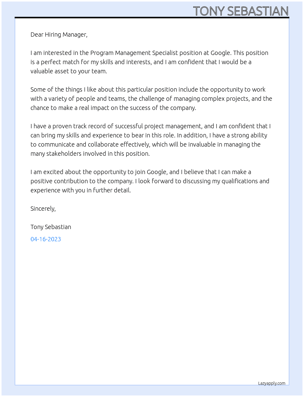 Program Management Specialist At Google Cover Letter