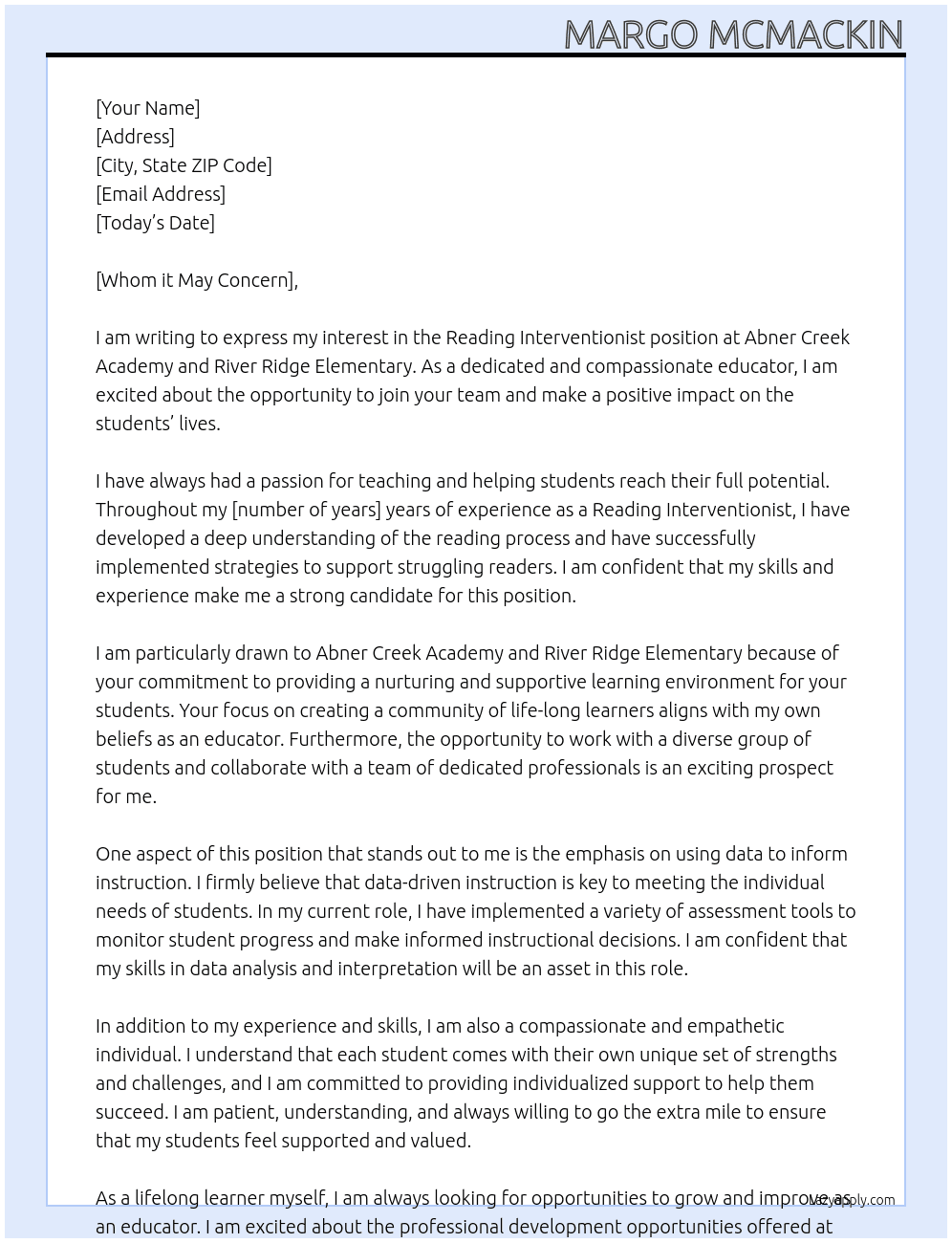 Reading Interventionist At Abner Creek Academy and River Ridge Elementary Cover Letter