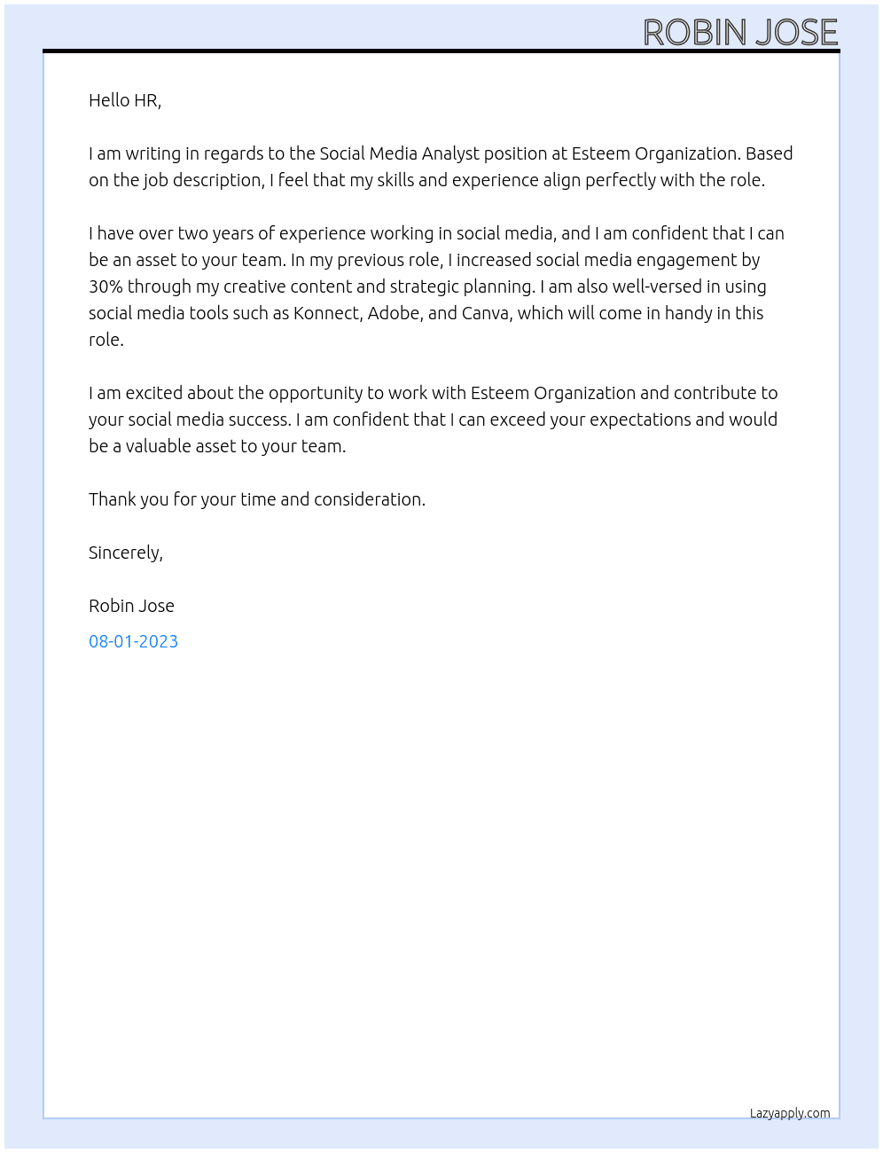 Social Media Analyst At Esteem Organization Cover Letter