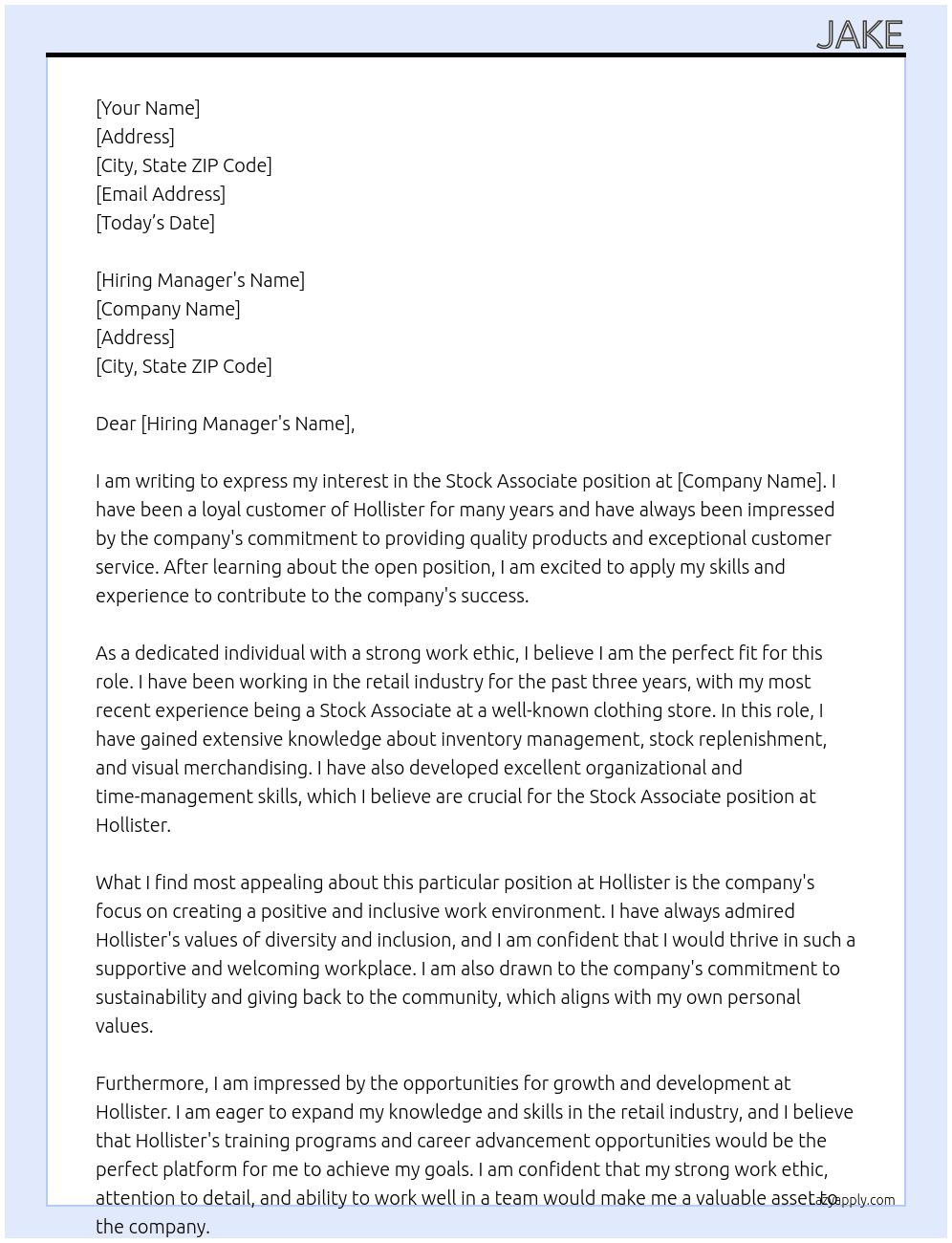 stock associate  At hollister Cover Letter