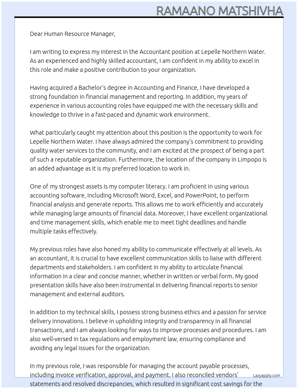 Accountant At Lepelle Northern Water Cover Letter