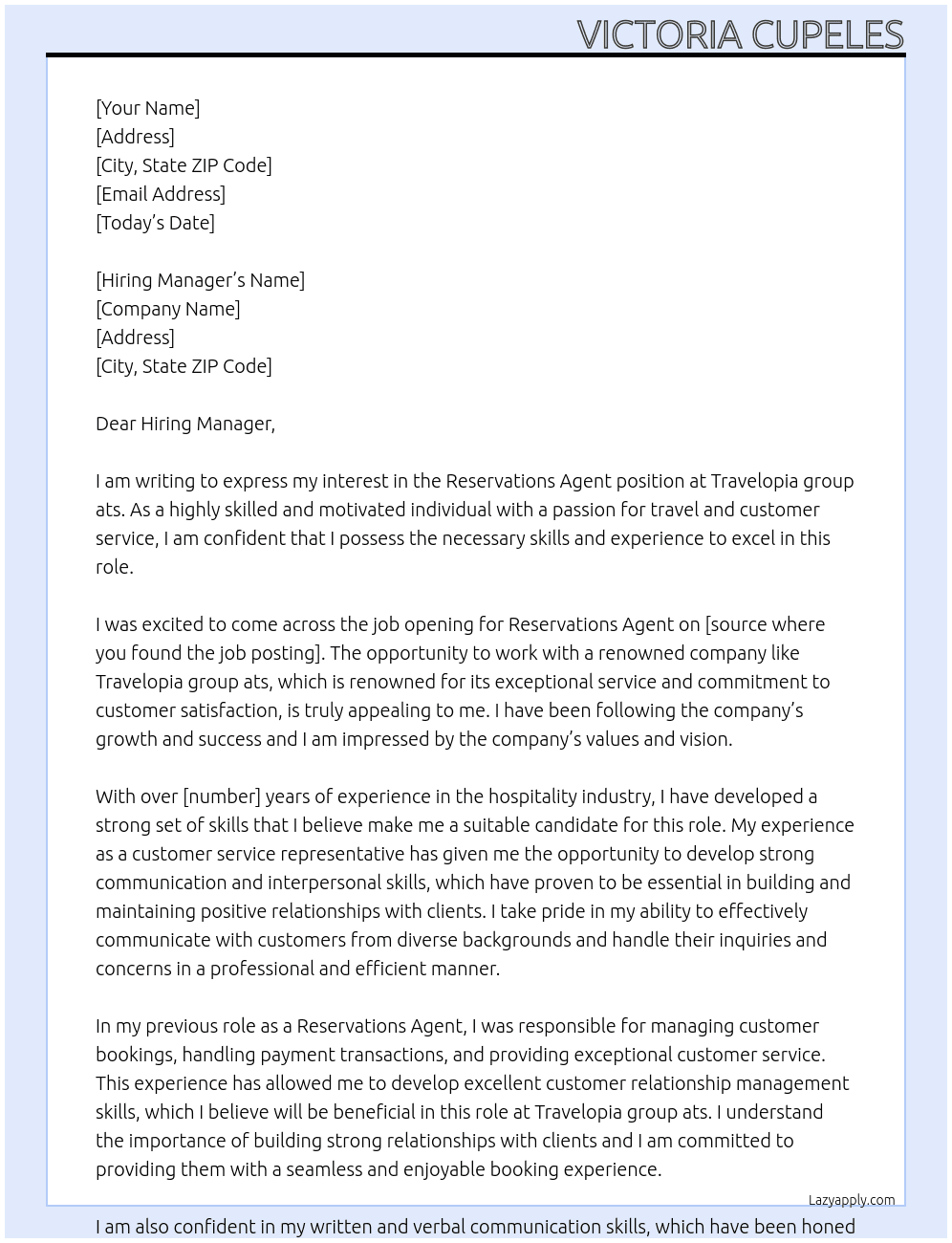 Reservations Agent At Travelopia group ats Cover Letter