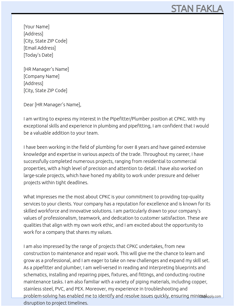 Pipefitter/ Plumber At CPKC Cover Letter