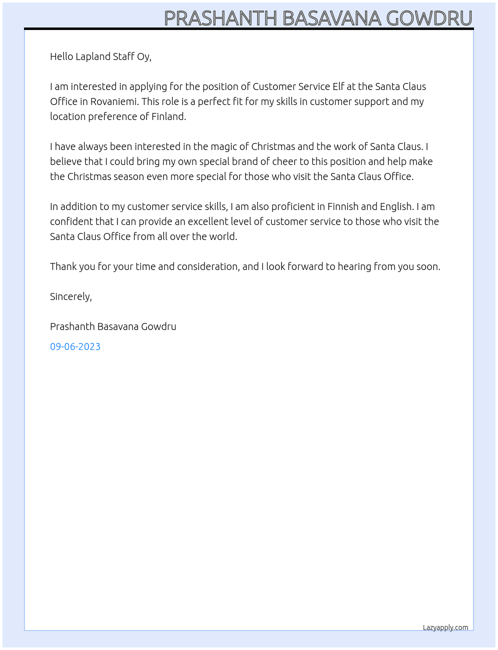 Customer Service Elf – Santa Claus Office Rovaniemi At Lapland Staff Oy Cover Letter