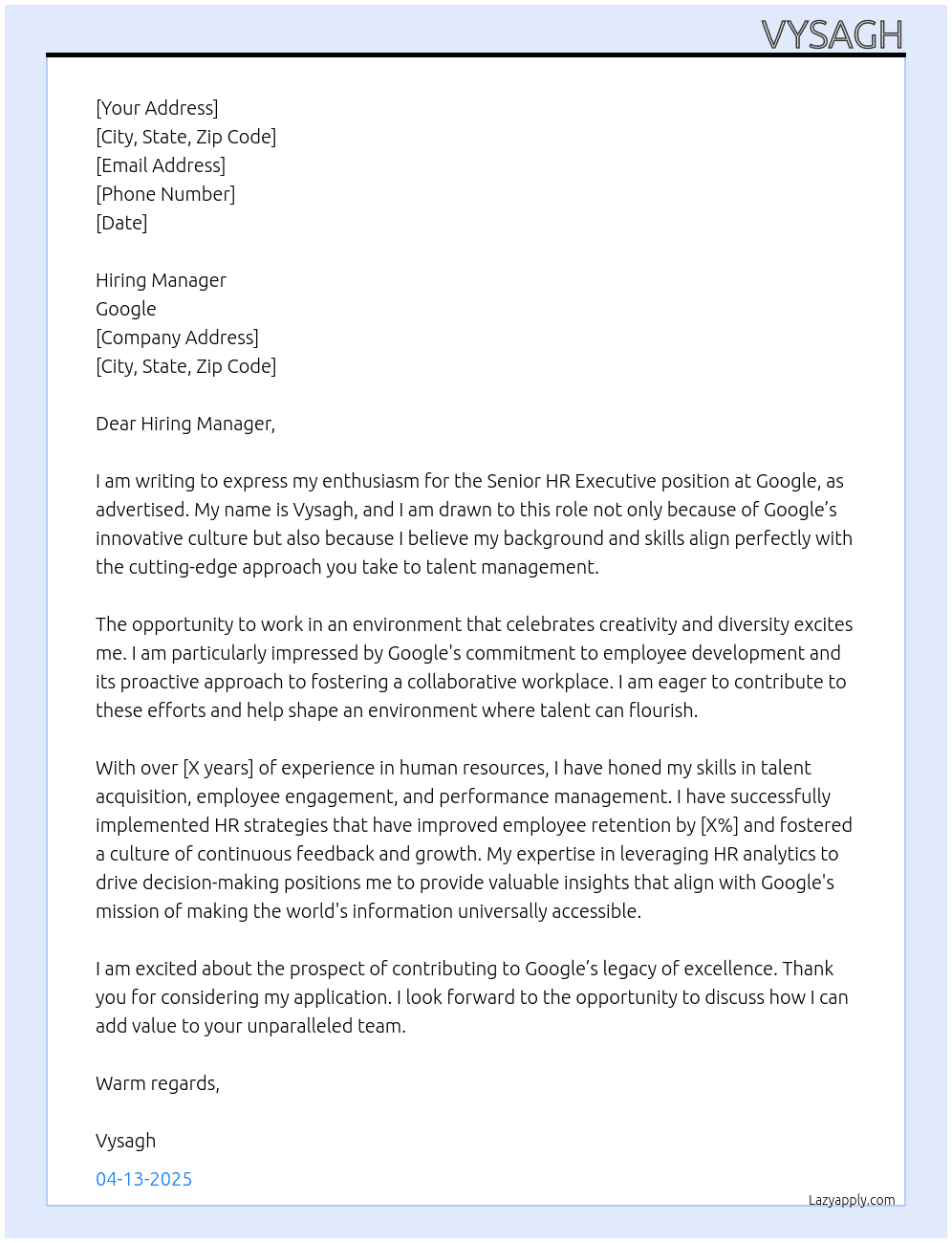 Cover letter for senior hr executive - LazyApply