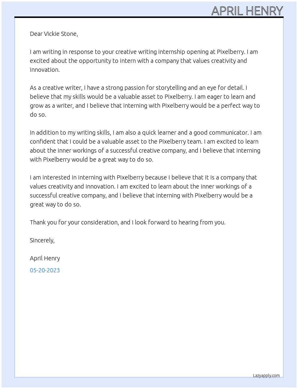Creative Writing Intern At Pixelberry Cover Letter