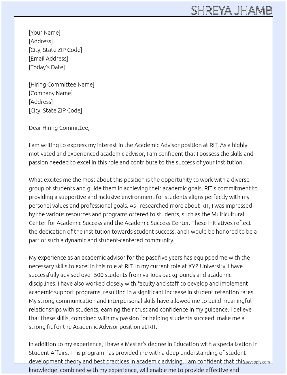 Academic advisor At RIT Cover Letter